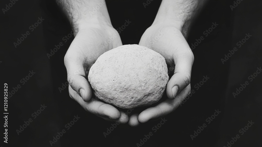 Close-up of hands gently holding a smooth, light-colored stone against a dark background. Close-up of hands gently holding a smooth, light-colored stone against a dark background.