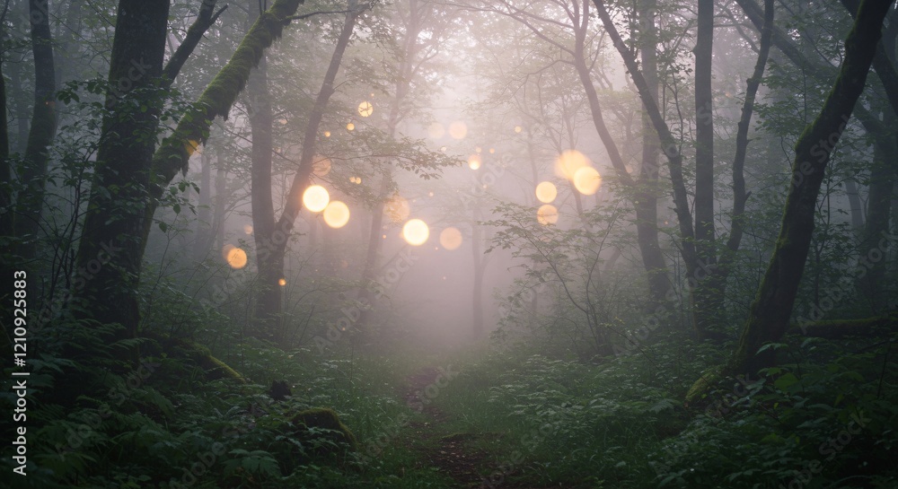 Obraz premium A mystical forest illuminated by floating orbs of light in the mist (안개 속에서 떠다니는 빛의 구체로 밝혀진 신비로운 숲)