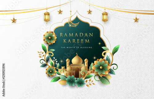 Minimalist floral Ramadan Kareem greeting design on white background with gold ornament star, moon and lanterns. Suitable for raya and ramadan template concept.