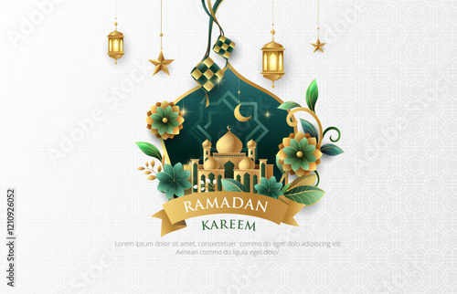 Modern Ramadan Kareem banner design with gold ornament moon, star, flowers and lanterns on white Islamic pattern background. Raya and ramadan template design for poster, banner and greeting cards.