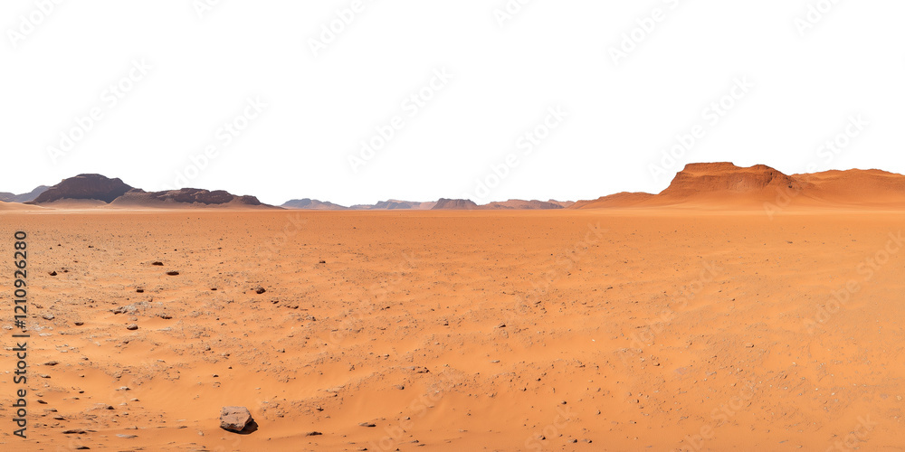 Fototapeta premium A vast desert scene showcasing a dry, arid terrain with scattered rocks and sand dunes extending toward the horizon.