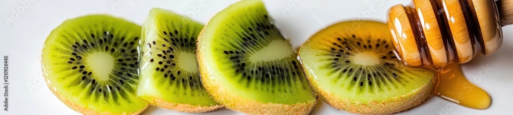 Close-Up of Fresh Fruit with Pouring Honey on White Background in Minimalist Flat Lay Style Close-Up of Fresh Fruit with Pouring Honey on White Background in Minimalist Flat Lay Style
