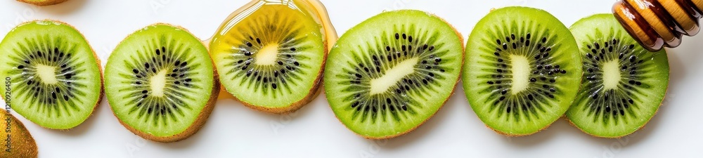 Close-Up of Fresh Fruit with Pouring Honey on White Background in Minimalist Flat Lay Style Close-Up of Fresh Fruit with Pouring Honey on White Background in Minimalist Flat Lay Style