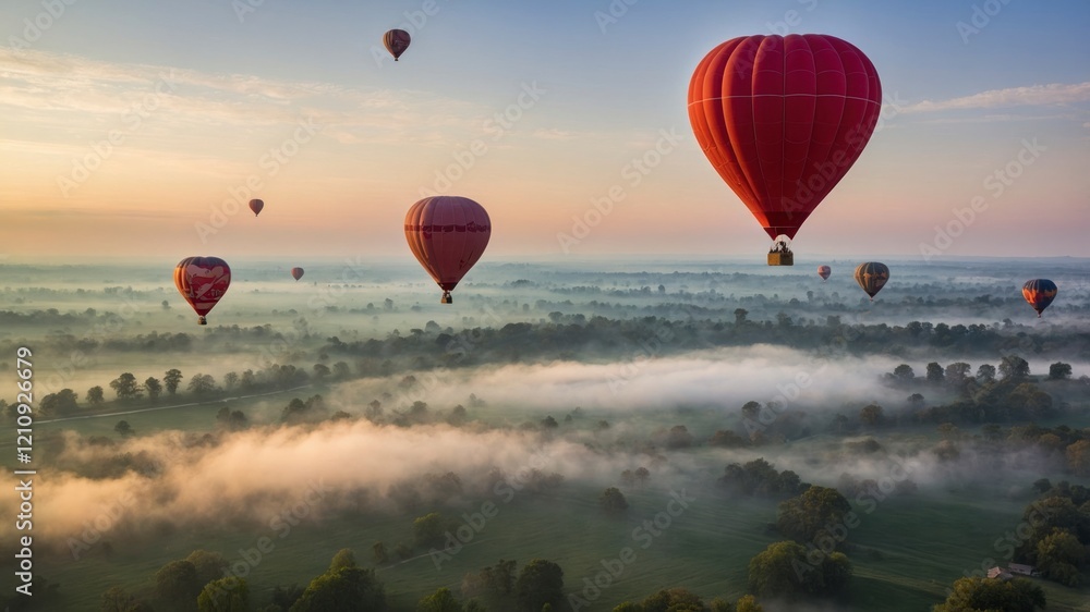 Naklejka premium A large heart-shaped hot air balloon flies through the soft morning sky, with a couple enjoying the view from its basket, while other smaller balloons decorate the sky