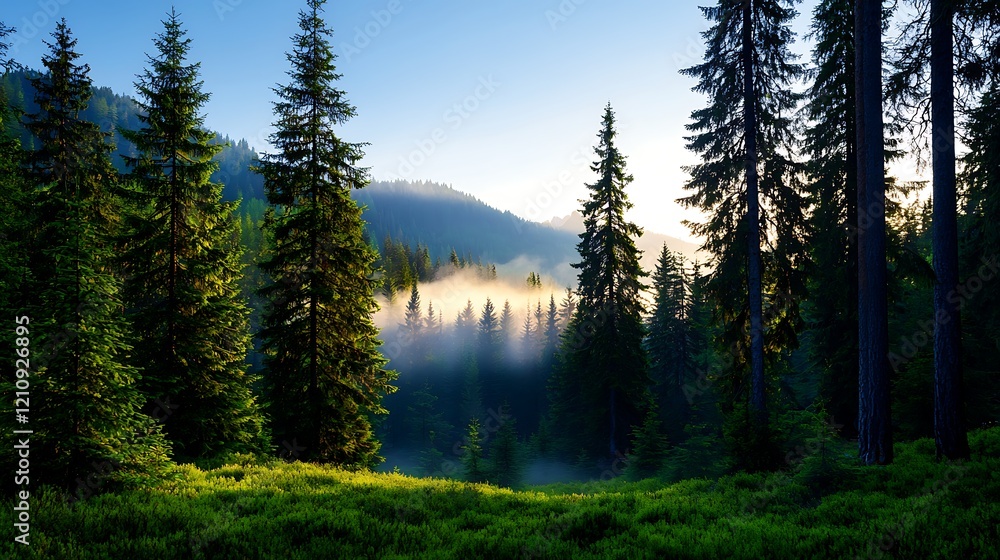 Serene Mountain Forest at Sunrise with Fog Serene Mountain Forest at Sunrise with Fog