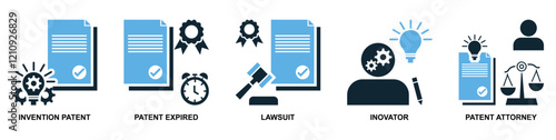 Collection of intellect property icons in vector format showcasing symbols like brain, light bulb, gears and patents. Ideal for education, innovation and intellectual themes.