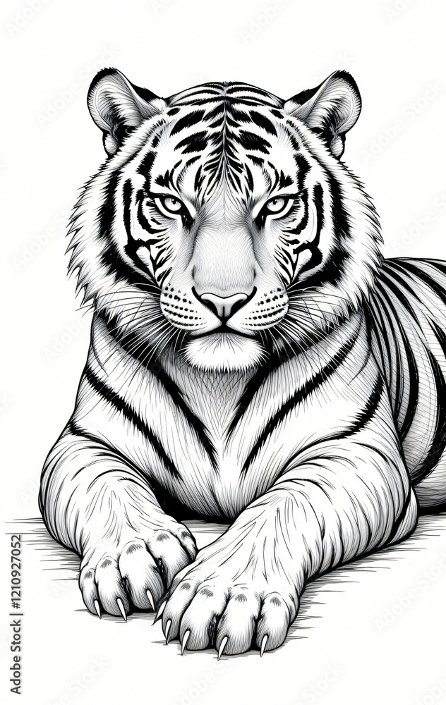 Fototapeta premium Feline Grace: Bengal Tiger in Black and White Sketch
