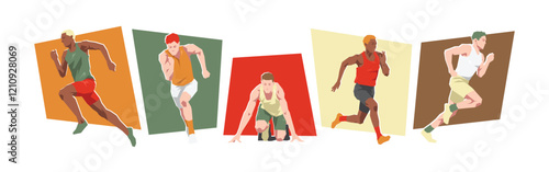 Set of male sprinter runner with different pose, gesture. Isolated on white background. Vector illustration.