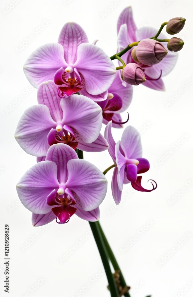 Beautiful cluster of purple orchids blooms on white background. Close up view highlights intricate details of petals, vibrant colors. Orchids in full bloom isolated, look stunning against neutral Beautiful cluster of purple orchids blooms on white background. Close up view highlights intricate details of petals, vibrant colors. Orchids in full bloom isolated, look stunning against neutral