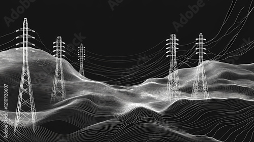 Monochrome illustration of high voltage power line towers presented as an electric transmission vector illustration. Electric Fields. Illustration