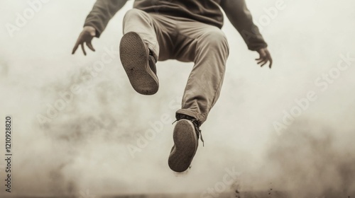 Low angle view of a person jumping, legs and feet in focus, smoky background.