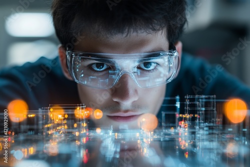 Young man focused on futuristic technology with transparent elements and glowing lights in a lab environment photo