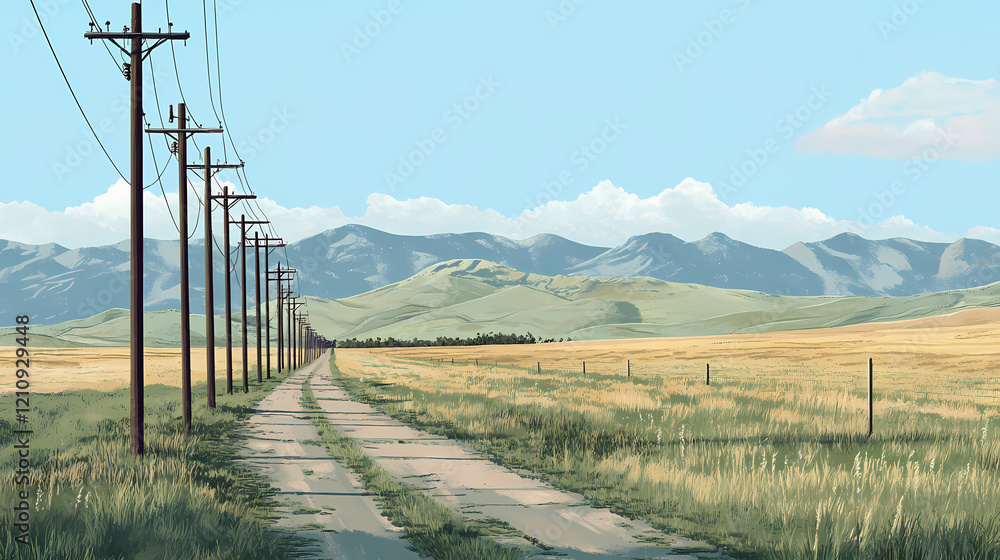 Obraz premium Row of electric poles along a rural road, with fields and mountains in the distance. Electric Fields. Illustration
