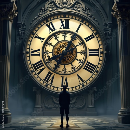 Man stands before giant antique clock in old town. Time passes, person reflects on history in fantasy style place. Grand building architecture shows history, time travel. Vintage clock face shows photo