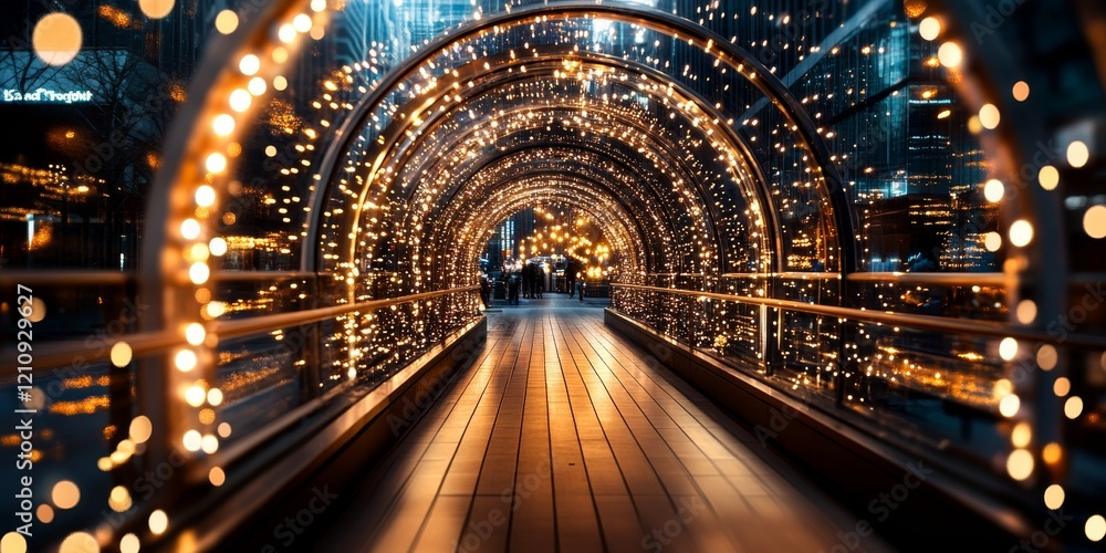 Obraz premium Brightly lit tunnel adorned with sparkling lights in an urban setting at night