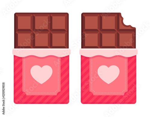 Set of whole and bitten chocolate bars in pink wrappers with heart design. Valentines Day holiday, celebration, romantic, love, gift concept. Flat vector illustration isolated on white background