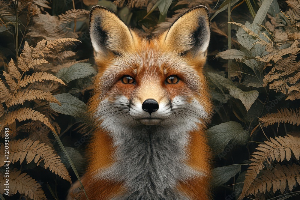 Fototapeta premium eloquent gaze of a fox is captured in a lush forest setting its vibrant orange fur contrasting beautifully with the greenery embodying the essence of wildlife in its natural habitat