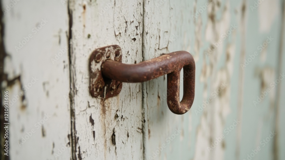 Rusty metal latch on weathered white wooden door. Rusty metal latch on weathered white wooden door.