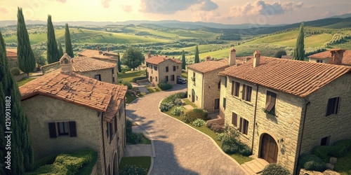 Tuscan village houses, scenic hills, sunset, Italian countryside, real estate