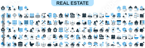 set of real estate icons vector, containing house home, owner, building sky scrapper, interior, buy and sell or rent