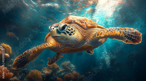 A sea turtle gracefully swimming along the ocean floor, surrounded by vibrant coral and colorful marine life. 32