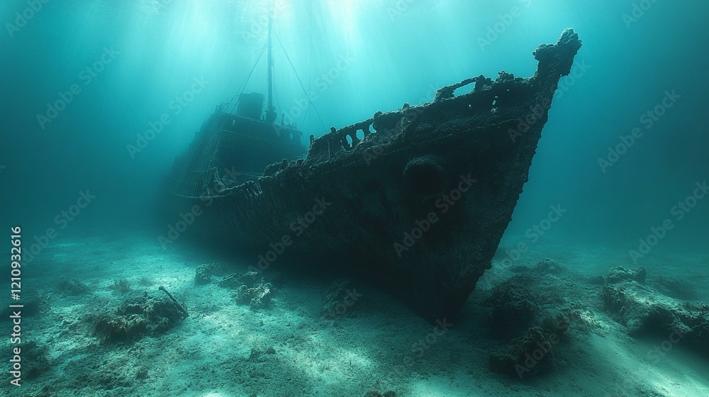 A serene and empty underwater landscape with nothing but the ocean floor, distant shipwreck remains, and the faint glow of sunlight above. 96 A serene and empty underwater landscape with nothing but the ocean floor, distant shipwreck remains, and the faint glow of sunlight above. 96