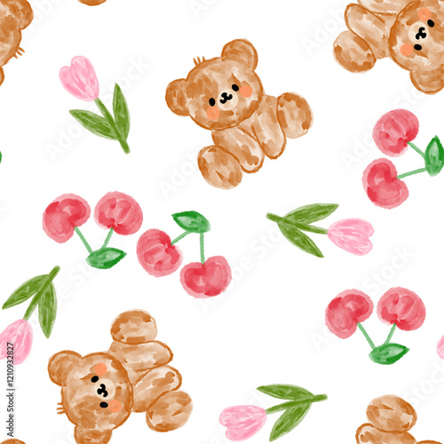 Watercolor kawaii teddy bear with pink tulips and red cherries, seamless pattern background.