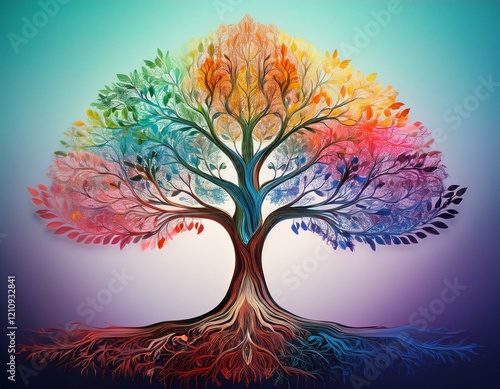 A symbolic tree with branches made of colorful abstract patterns, each branch representing a different culture, background, or identity. The roots extend into a gradient background, emphasizing interc photo