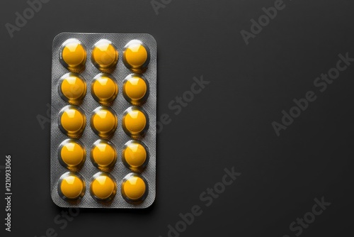 Many antibiotic pills in plastic package on black background, closeup. Space for text. Top view.