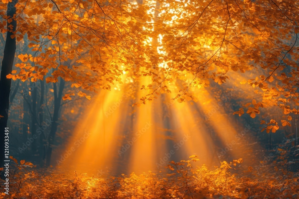 enchanted forest canopy with sunbeams piercing through golden autumn leaves creating magical light patterns