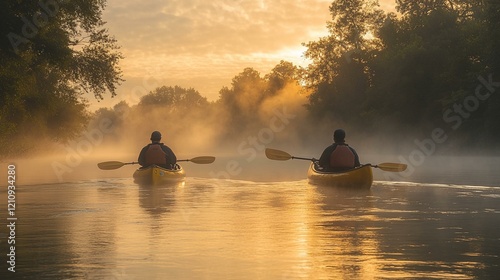 Two kayakers navigating a calm river in the early morning light, with mist rising from the water and soft reflections. 408