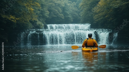 A kayaker approaching a waterfall on a river, with a sense of adventure as they navigate the challenging terrain. 440