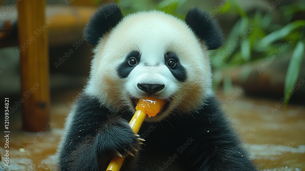 Fototapeta premium Adorable panda cub enjoying a sweet orange popsicle.