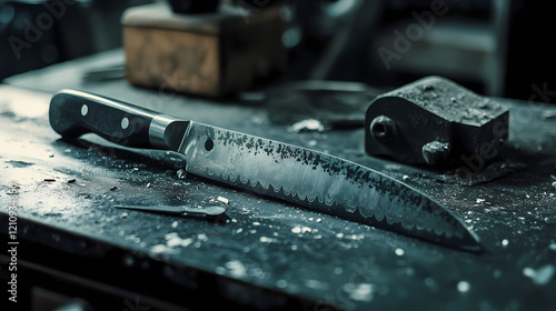 Close-up shot of a sharp steel knife and an electric planer with depth of field effect. Electric Fields. Illustration photo