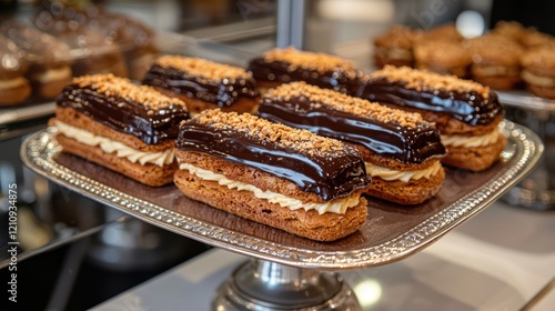 Chocolate eclairs display bakery pastries shop photo