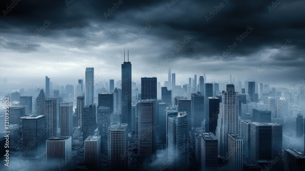 Dark and Moody Skyline of Cityscape with Dramatic Clouds and Fog in Urban Landscape Dark and Moody Skyline of Cityscape with Dramatic Clouds and Fog in Urban Landscape
