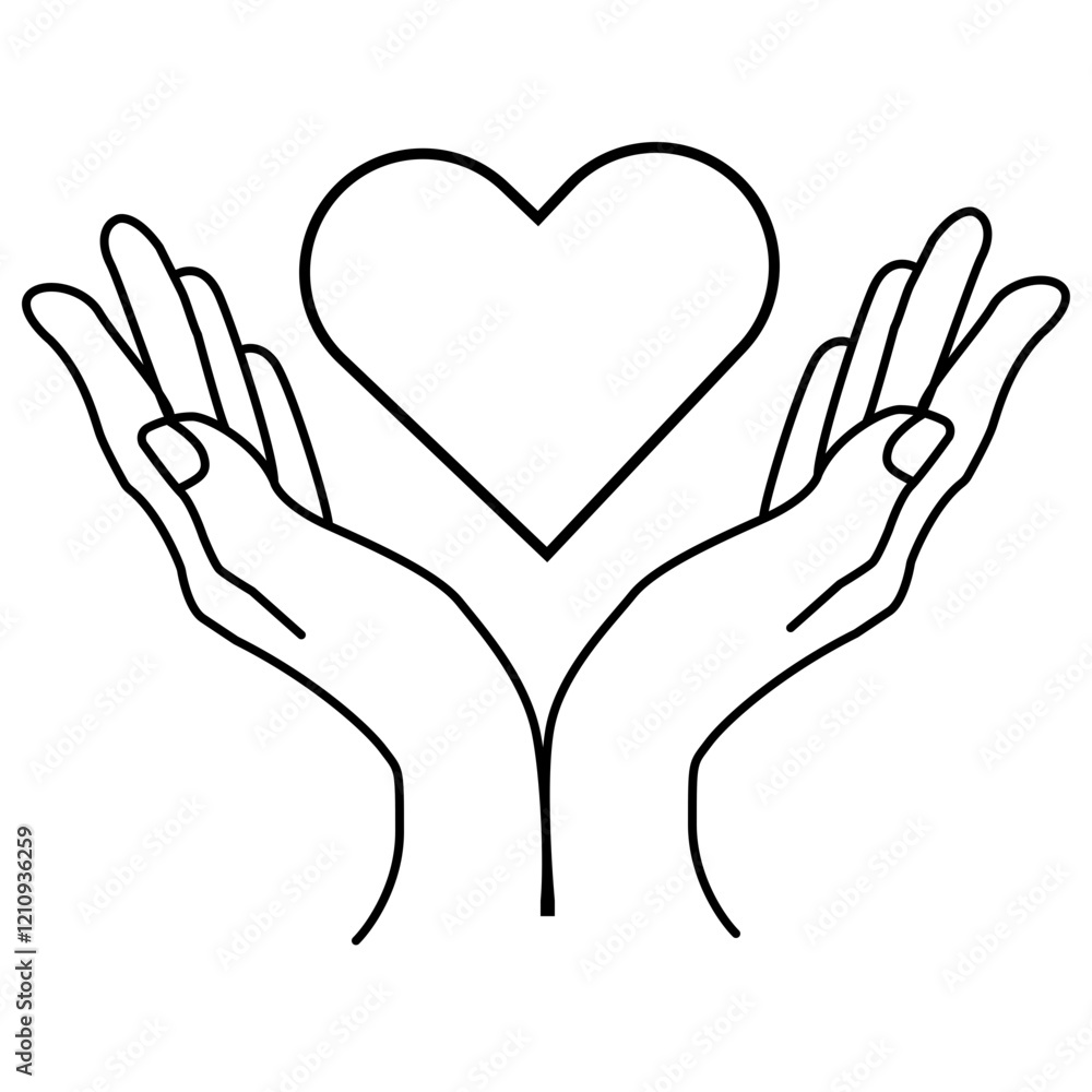 Hands holding a heart icon in minimalist black outline. Valentine’s Day graphics, charity logo concept, support-themed banners, healthcare materials, well-being campaigns. Support. Compassion Hands holding a heart icon in minimalist black outline. Valentine’s Day graphics, charity logo concept, support-themed banners, healthcare materials, well-being campaigns. Support. Compassion