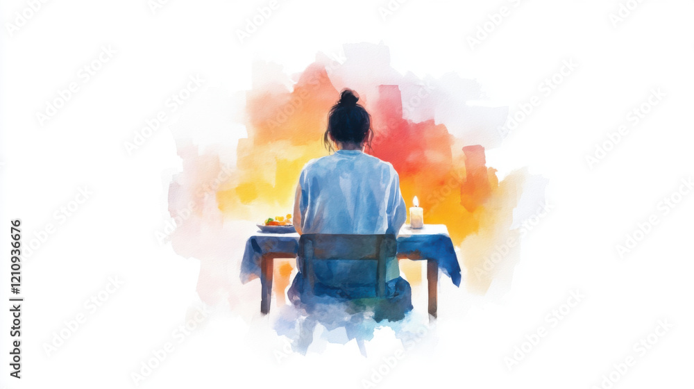 woman sits at table, enjoying meal in serene, colorful setting. warm hues create peaceful atmosphere woman sits at table, enjoying meal in serene, colorful setting. warm hues create peaceful atmosphere