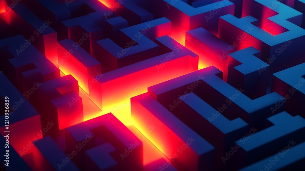 Minimalist maze icon with a glowing exit path, illustrating problem-solving. Minimalist maze icon with a glowing exit path, illustrating problem-solving.