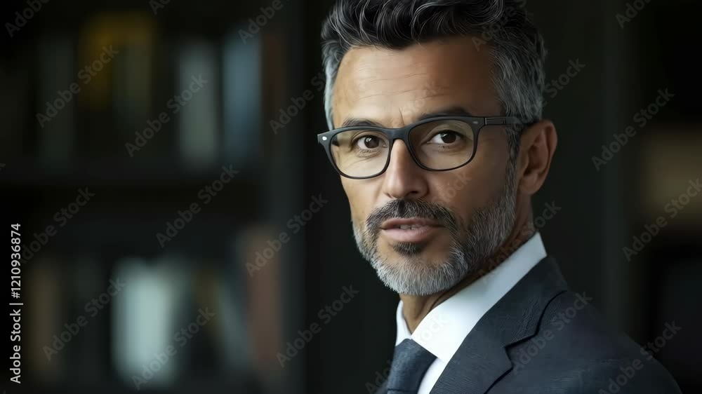 Confident businessman adjusting glasses in office setting with determined expression Confident businessman adjusting glasses in office setting with determined expression
