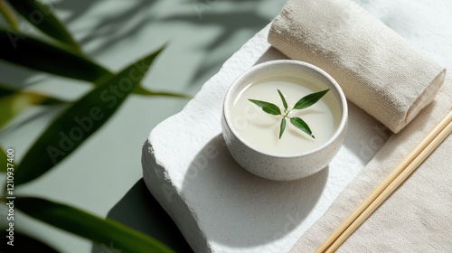 Soft celadon green background highlights ceramic gaiwan with tea and spring leaves set on a textured surface in a serene, tranquil setting photo