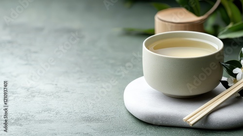 Soft celadon green ceramic gaiwan with tea resting on a stone slab surrounded by foliage in a serene setting