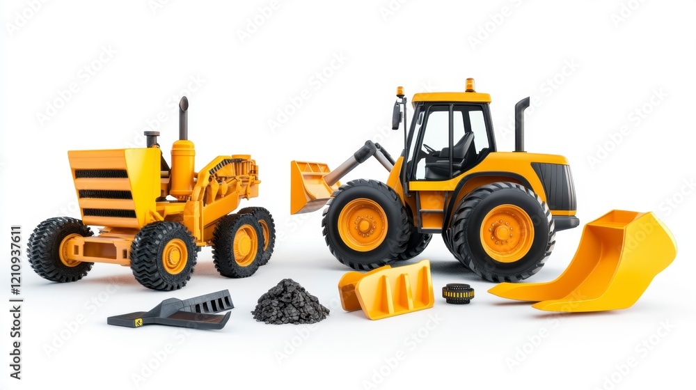 Construction Equipment Collection with Loader and Grader on White Background Construction Equipment Collection with Loader and Grader on White Background
