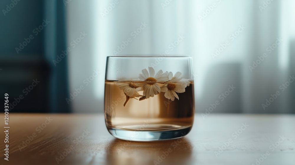 Soft pastel background featuring a small glass cup filled with water and delicate white flowers resting on a wooden table in natural light Soft pastel background featuring a small glass cup filled with water and delicate white flowers resting on a wooden table in natural light