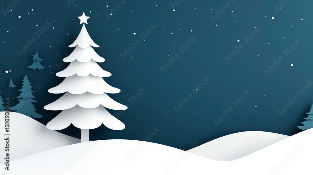 Winter Scene with Paper Cutout Christmas Tree and Snowy Landscape Under Stars Winter Scene with Paper Cutout Christmas Tree and Snowy Landscape Under Stars