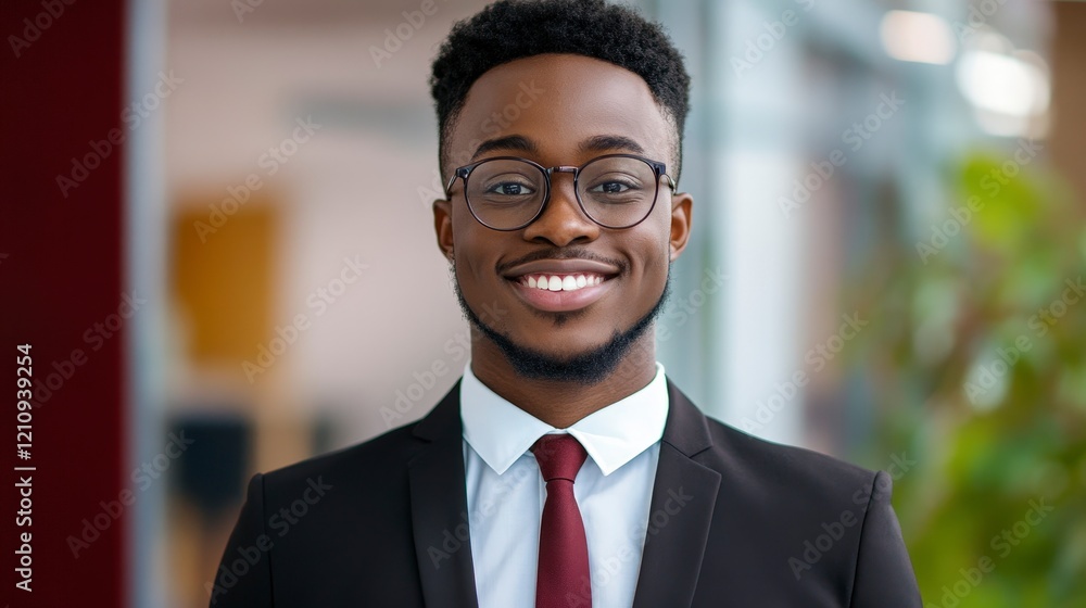 Young professional man smiling confidently in a modern office environment Young professional man smiling confidently in a modern office environment