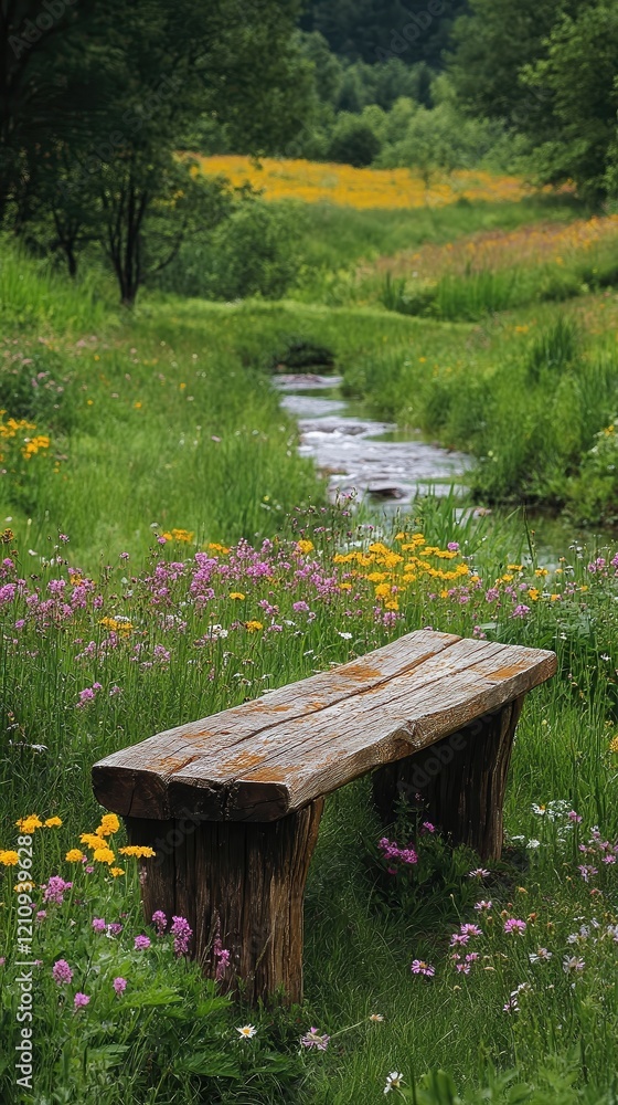 Park bench on a gentle hill overlooking a serene winding stream. Calm atmosphere enhanced by lush greenery and soft sunlight perfect for relaxation and tranquility. Park bench on a gentle hill overlooking a serene winding stream. Calm atmosphere enhanced by lush greenery and soft sunlight perfect for relaxation and tranquility.