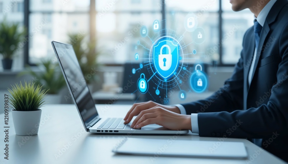 Businessperson working on laptop with digital cybersecurity and data protection shield interface Businessperson working on laptop with digital cybersecurity and data protection shield interface