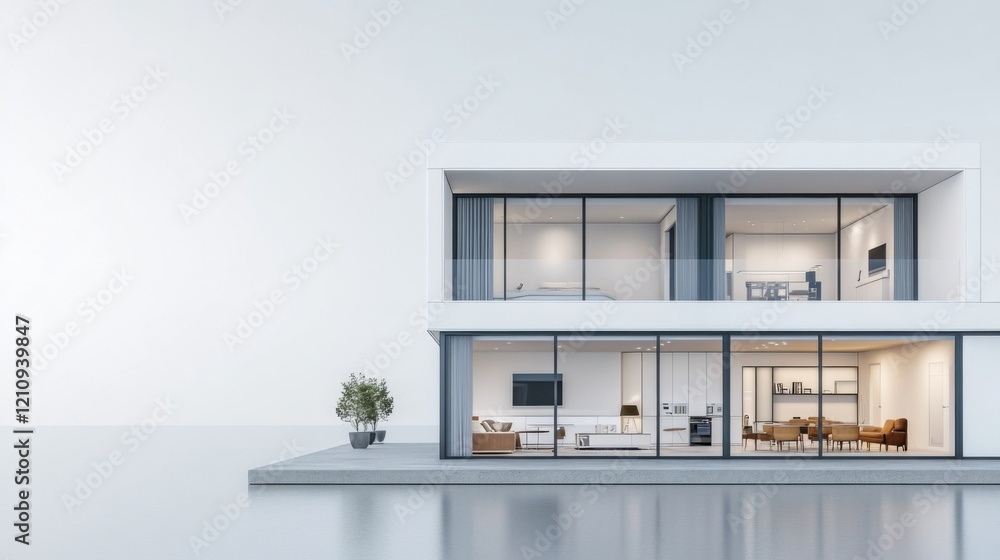 Modern minimalist house with large windows and open space, showcasing contemporary interior design and lake view Modern minimalist house with large windows and open space, showcasing contemporary interior design and lake view