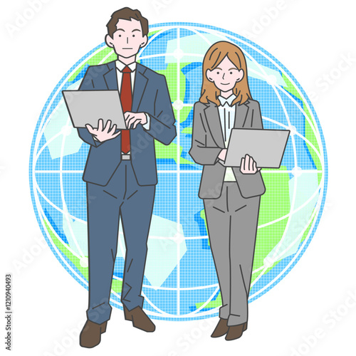 グローバルに活躍するパソコンを持って立ちポーズをキメるビジネスマンたち